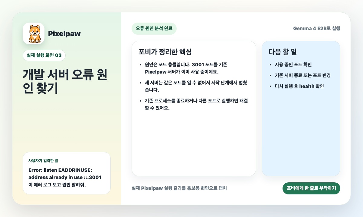 Pixelpaw가 오류 원인 후보와 확인 순서를 정리한 실제 실행 화면